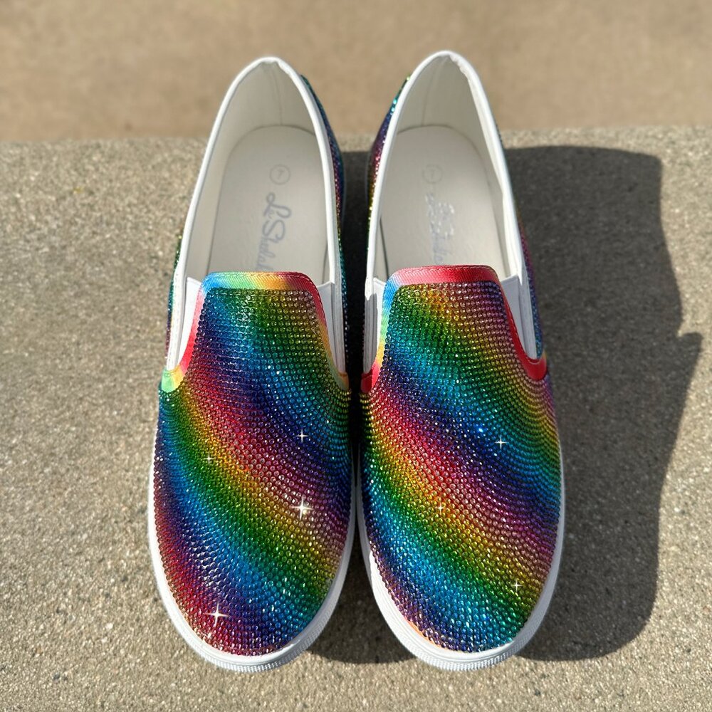 New Rainbow Multi-Color Rhinestone Crystal Fashion Sneakers Low Platform Slip On - Picture 4 of 4